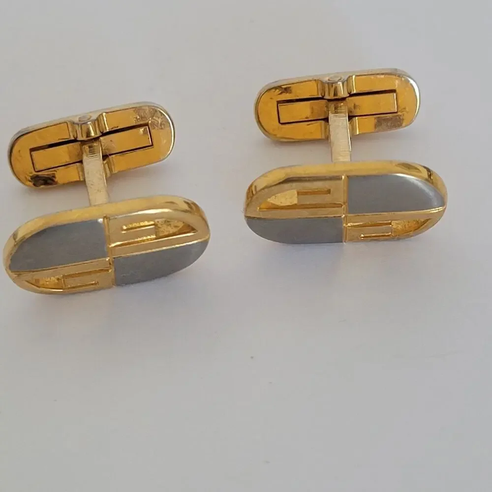 Givenchy Cufflinks Set Gold Silver Black Tone Oval Logo Vintage Geometric